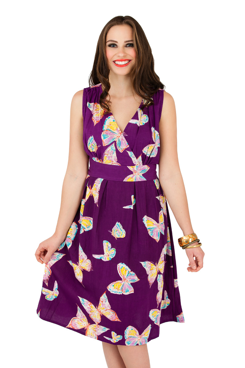 Womens Butterfly Summer Dress Mid Knee Length 100 Cotton Ladies Size